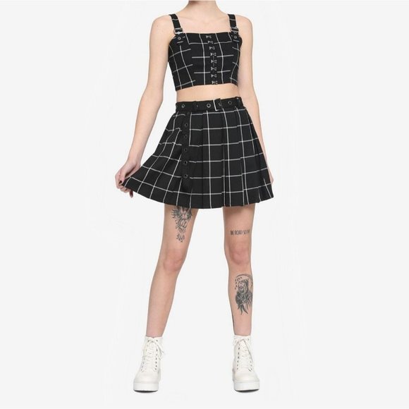 Hot Topic Checkered Circle Pleated Skirt Belted Dark Academia Gothic School sz L - Picture 6 of 8